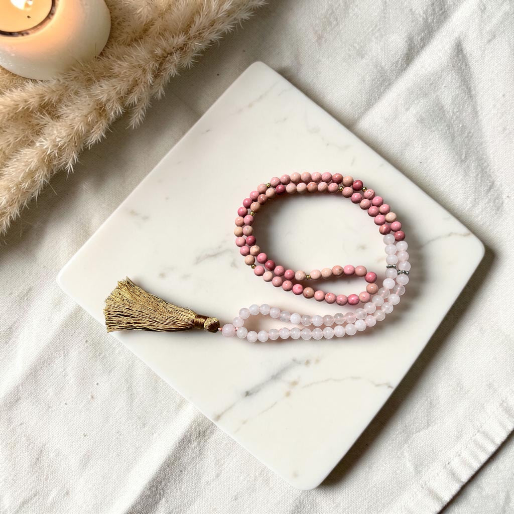 Mala mit Rosenquarz und Rhodochrosit | 110 Perlen
