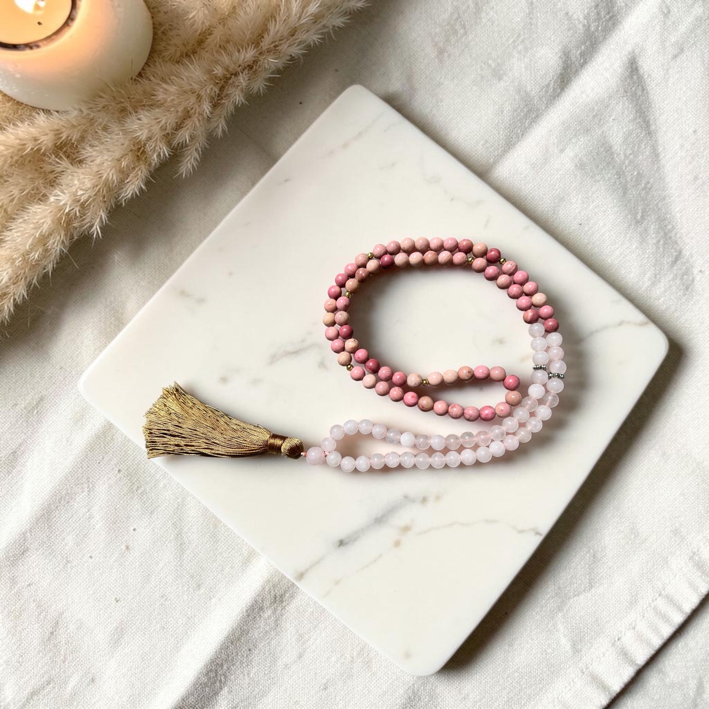 Mala „Herzensliebe“ mit Rosenquarz und Rhodochrosit | 110 Perlen
