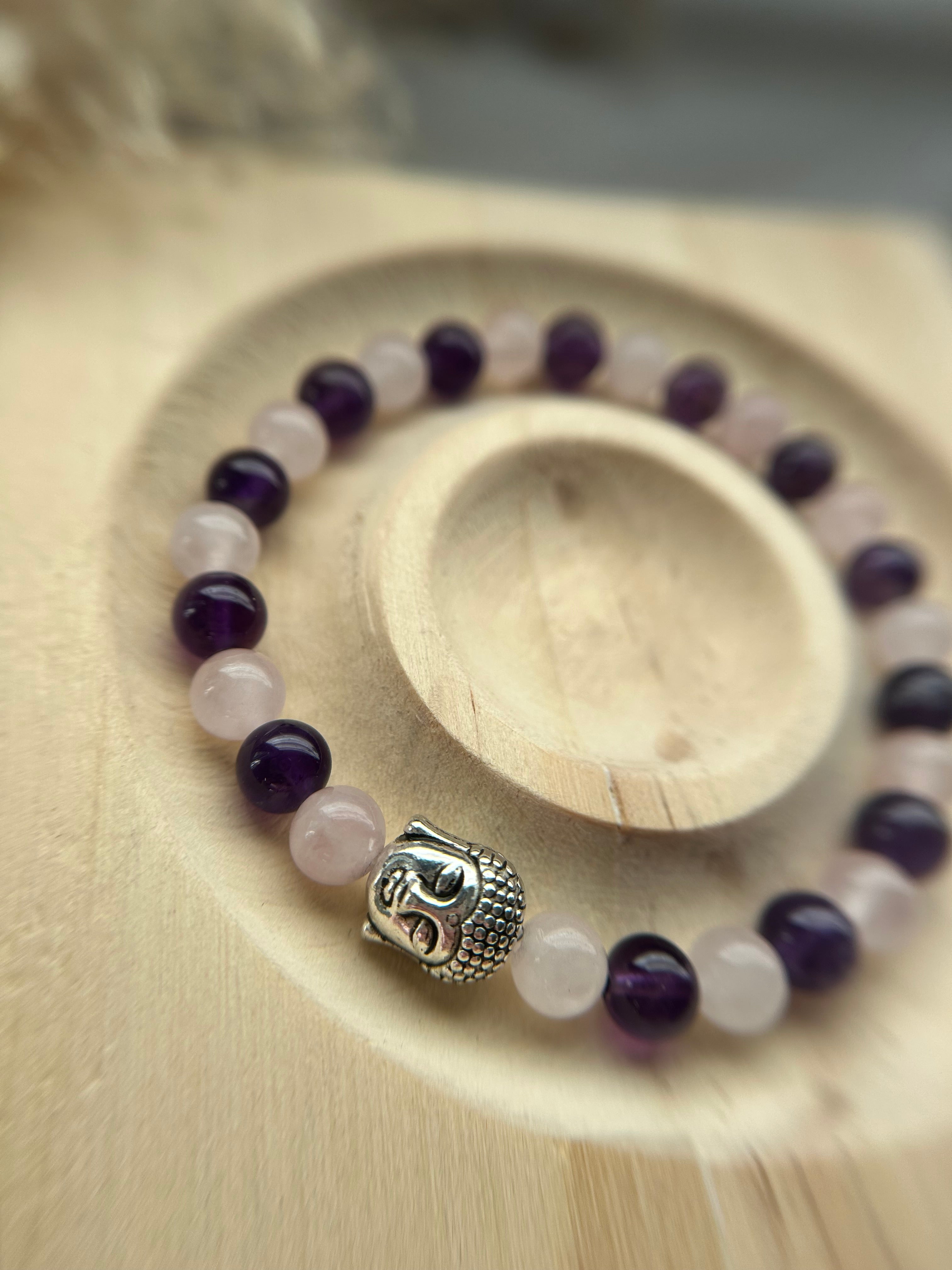 Buddha Armband mit Amethyst & Rosenquarz