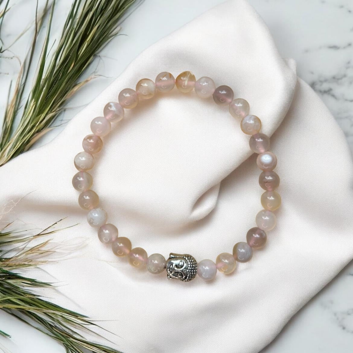 Kirschblütenachat mit Buddha Charm | Silber
