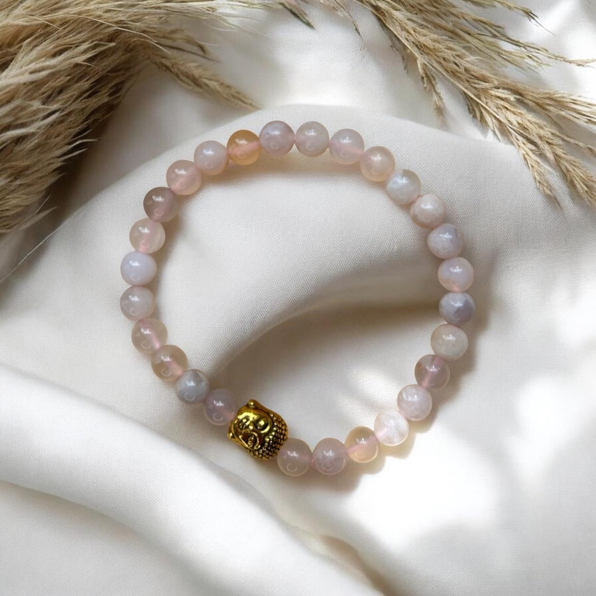 Kirschblütenachat mit Buddha Charm | Gold