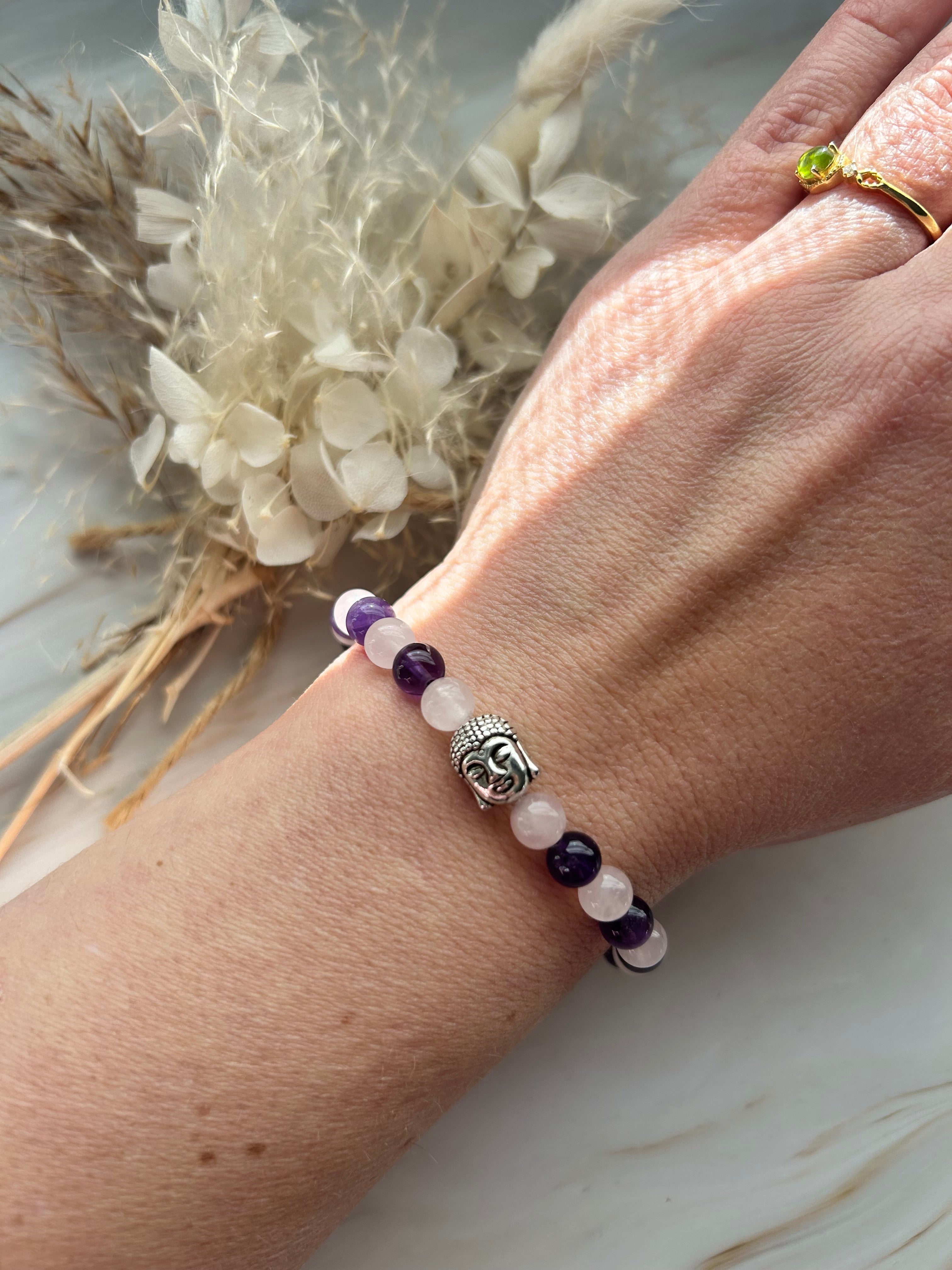 Buddha Armband mit Amethyst & Rosenquarz