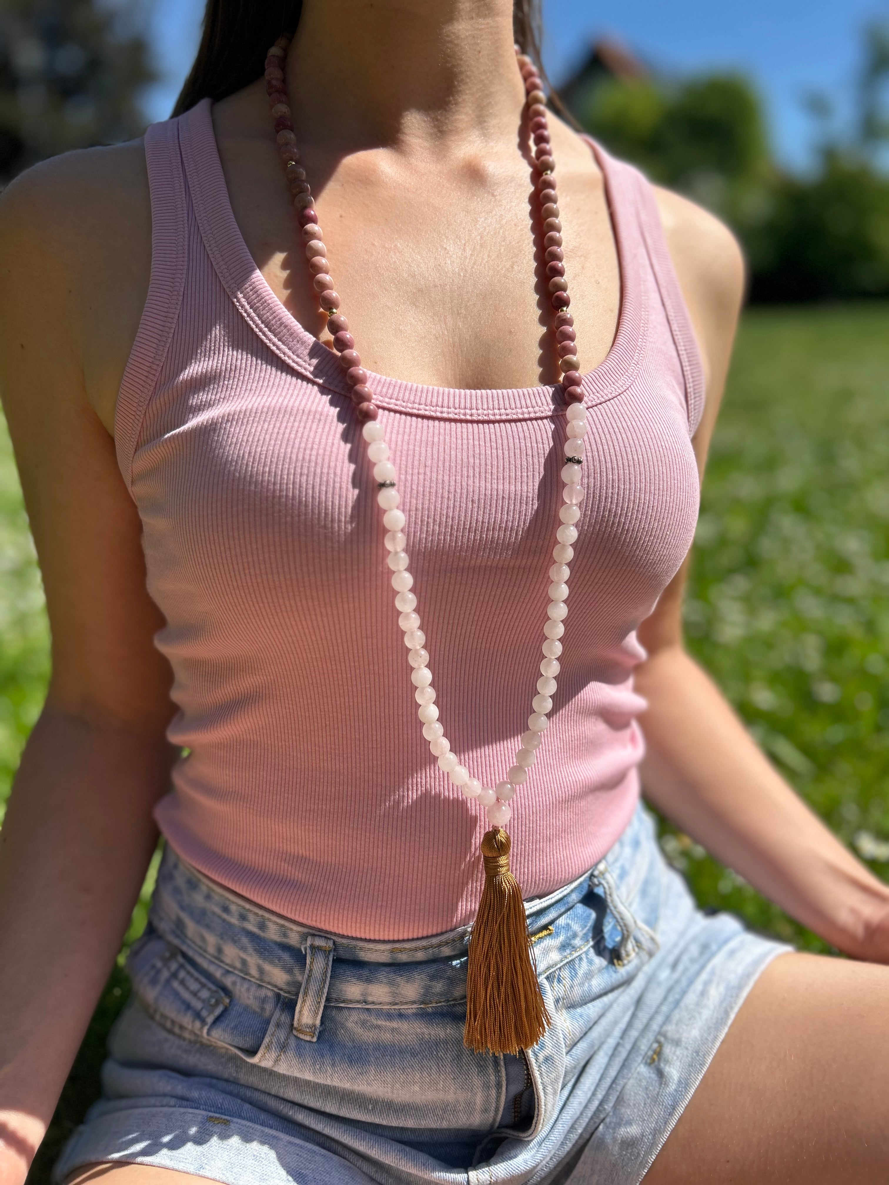 Mala „Herzensliebe“ mit Rosenquarz und Rhodochrosit | 110 Perlen